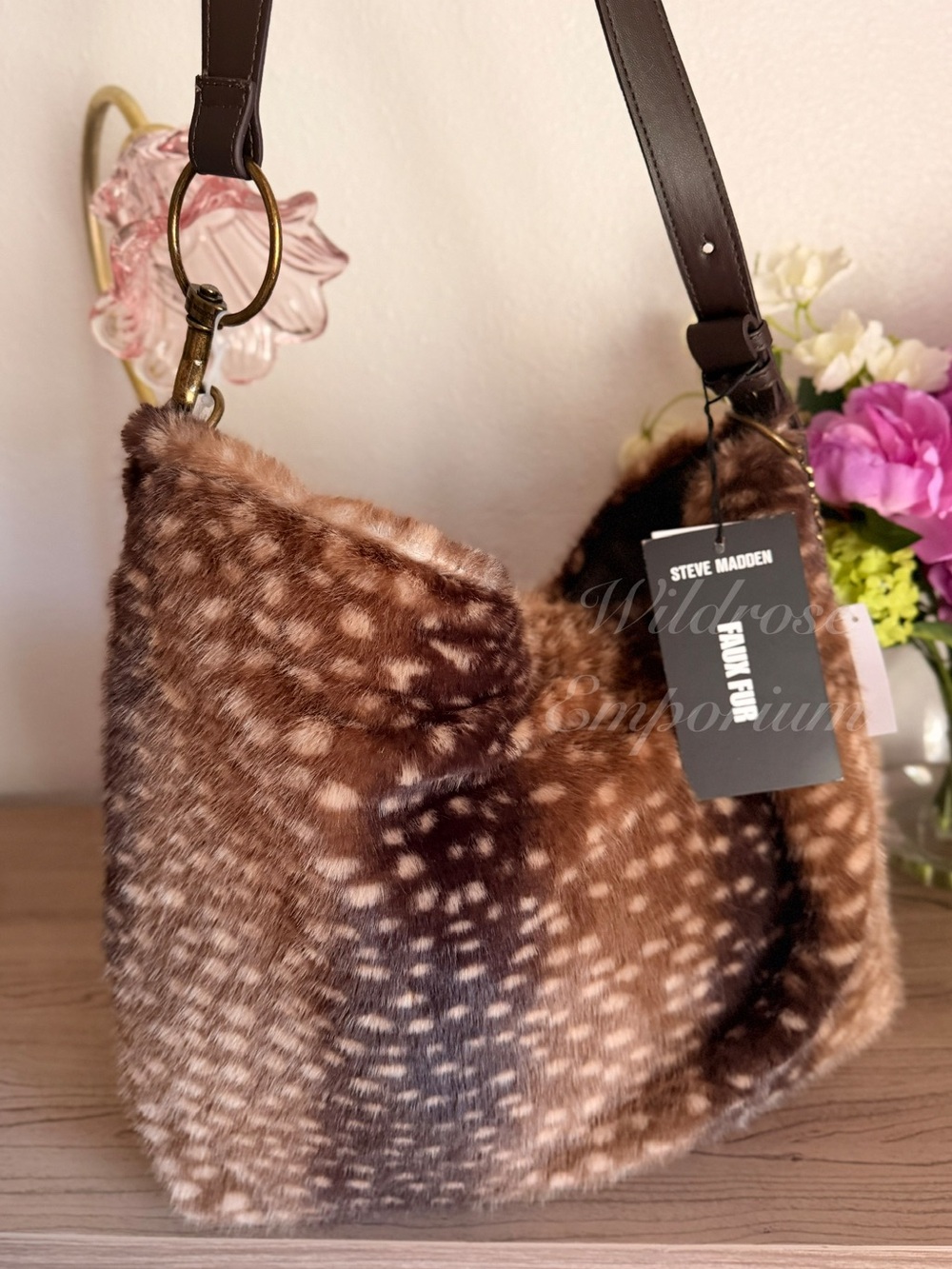 Steve Madden BKOLMAN Faux Fur Bag Brown Dappled Deer/Fawn Print NWT Bambi Luxe